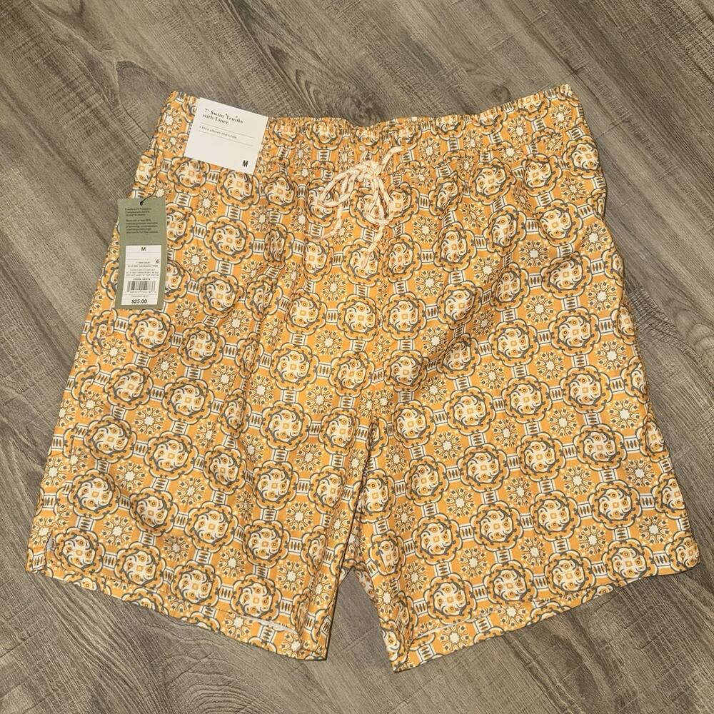 Goodfellow & Co Men’s Swim Trunks Medium Orange Geometric 7” Lined NWT